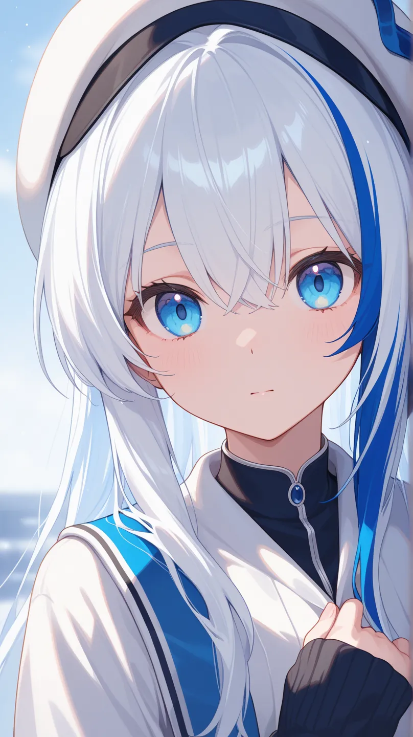 1girl, blue eyes, long white hair with blue streaks 