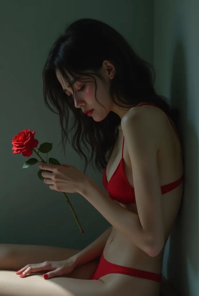 20 years old depressed girl crying, wears a red thong and lifts a red rose in her hand and she is looking at her old lover