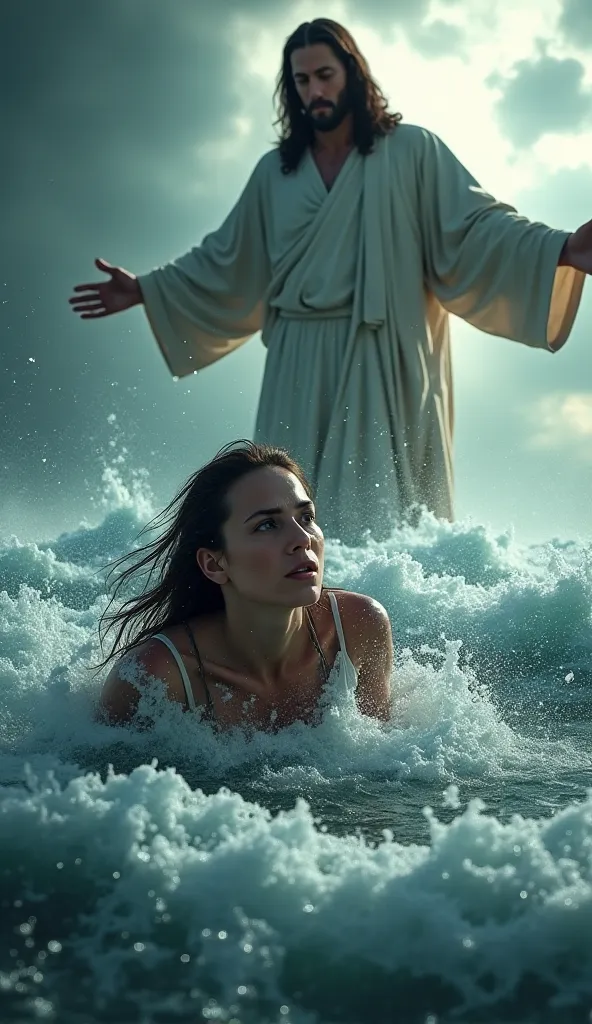 A woman drowning, Jesus behind , in a storm 