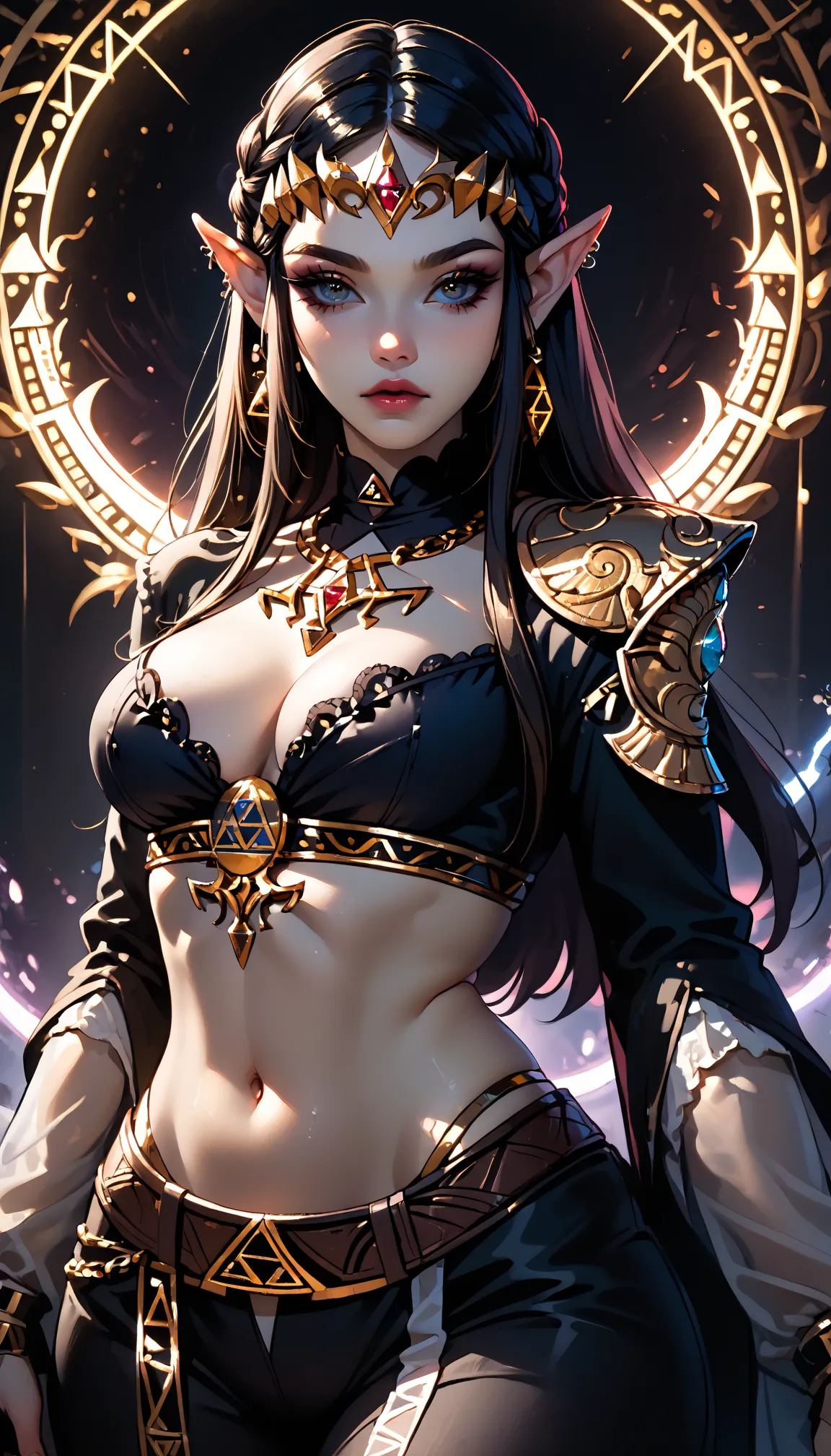 A voluptuous adult goth Zelda, showcasing large gorgeous breasts and a midriff, with a huge, round, stunning backside. Highly detailed masterpiece illustration, featuring volumetric lighting and warm colors reminiscent of golden hour. Fantasy art style, po...