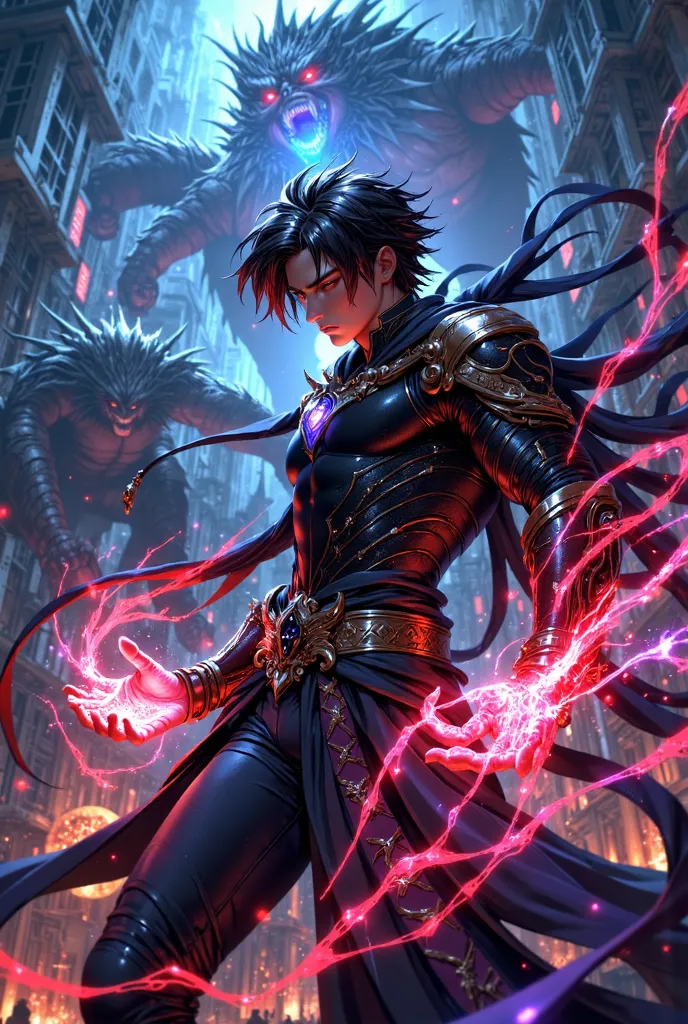 An epic image in the style art featuring animated manhwa style  young man with imperial atmosphere in mystical designed streamlined body-con black armor, short black hair. his hands is manipulating vibrant red and purple elemental magic. Red and purple eth...