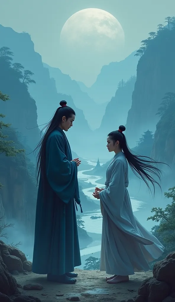 Ancient China in the Three Kingdoms,Taoist, standing in front of brother,  tense atmosphere .. blue dominant