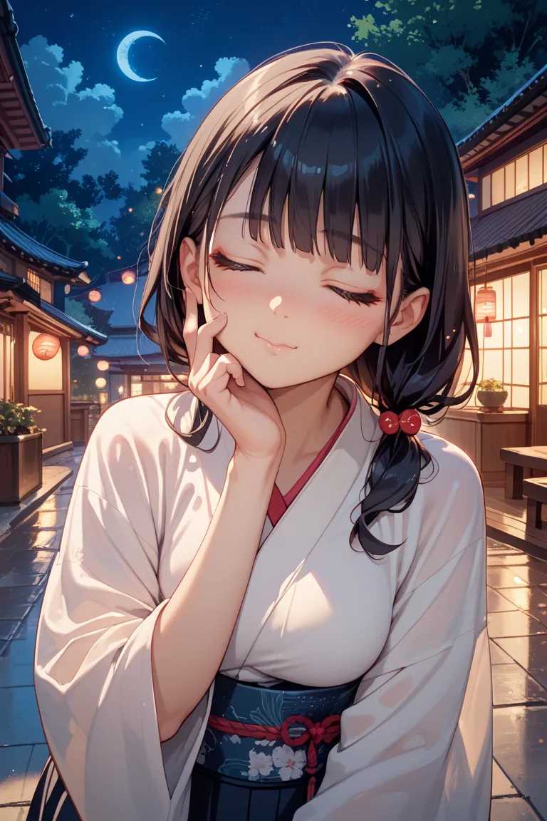    black hair,Japanese woman,night,Home,Kissing Face,1 girl,  blushes, closed eyes, 1 girl,front,Closed Mouth,Chu