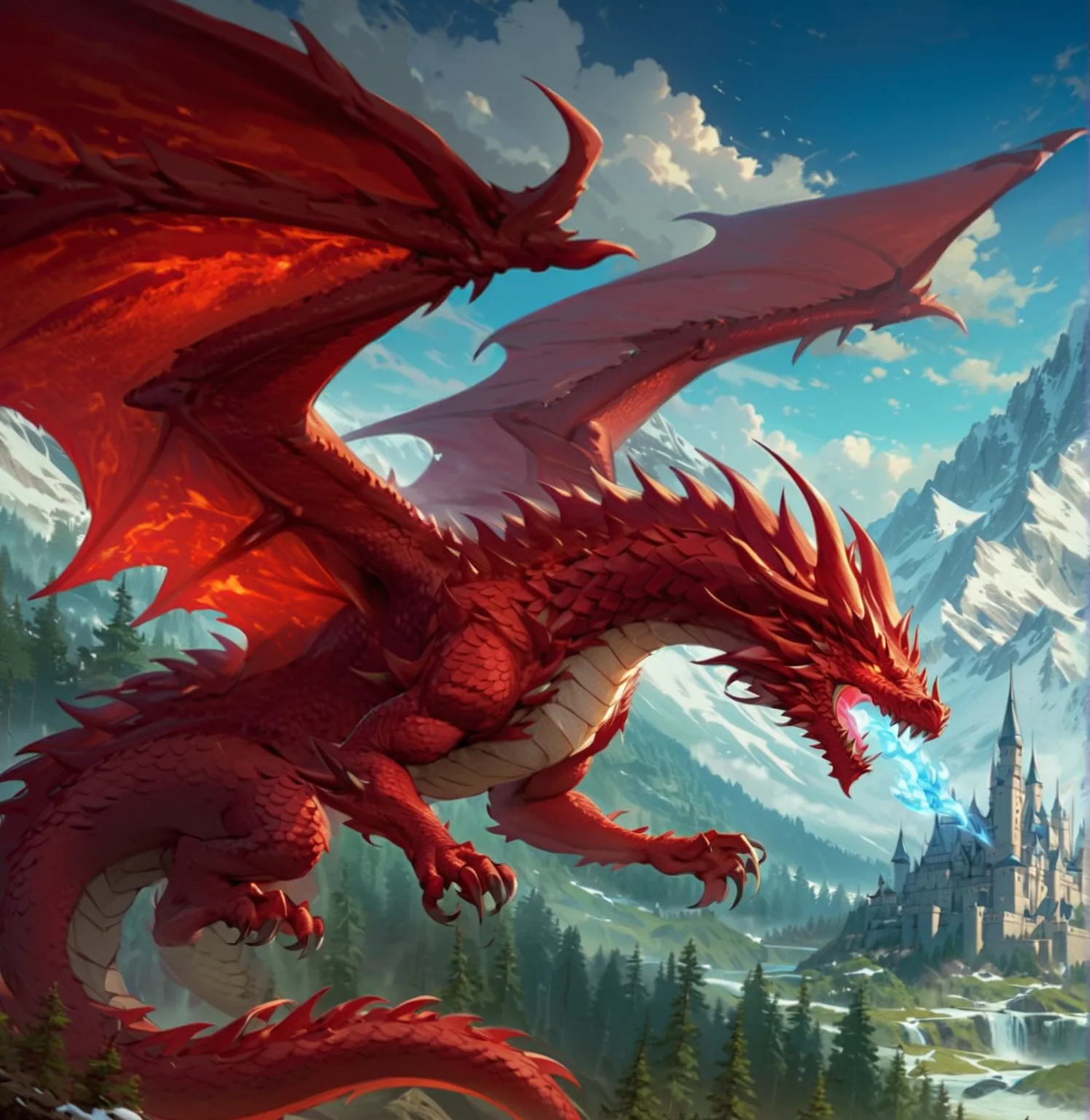 a huge dragon in a fiery red color, characterized by a body covered with hard scales and sharp thorns that extend over his back and neck. He has two huge crimson wings that extend in the air, and strong claws that tear the wind.. He shoots glowing blue fir...