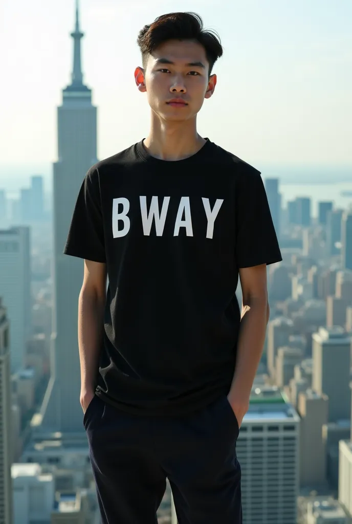 A picture of a handsome boy whom is dripping a new fashion for men with a t shirt written BWAY the boy should be about 17 and the boy should be at the top of the tall building in the world 