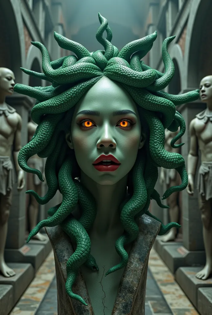 A horrifyingly detailed depiction of Medusa, the cursed Gorgon of Greek mythology. Her face is a haunting mix of tragic beauty and pure terror, with piercing, glowing eyes that radiate an unnatural, otherworldly energy. Her gaze alone can petrify anyone in...