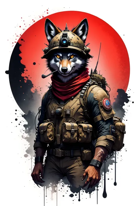  stylized illustration of an anthropomorphic coyote wearing tactical airsoft gear, created in a paintbrush-stroke style with visible ink or paint marks. The coyote has a fierce and determined expression, with its fur depicted through expressive black and w...