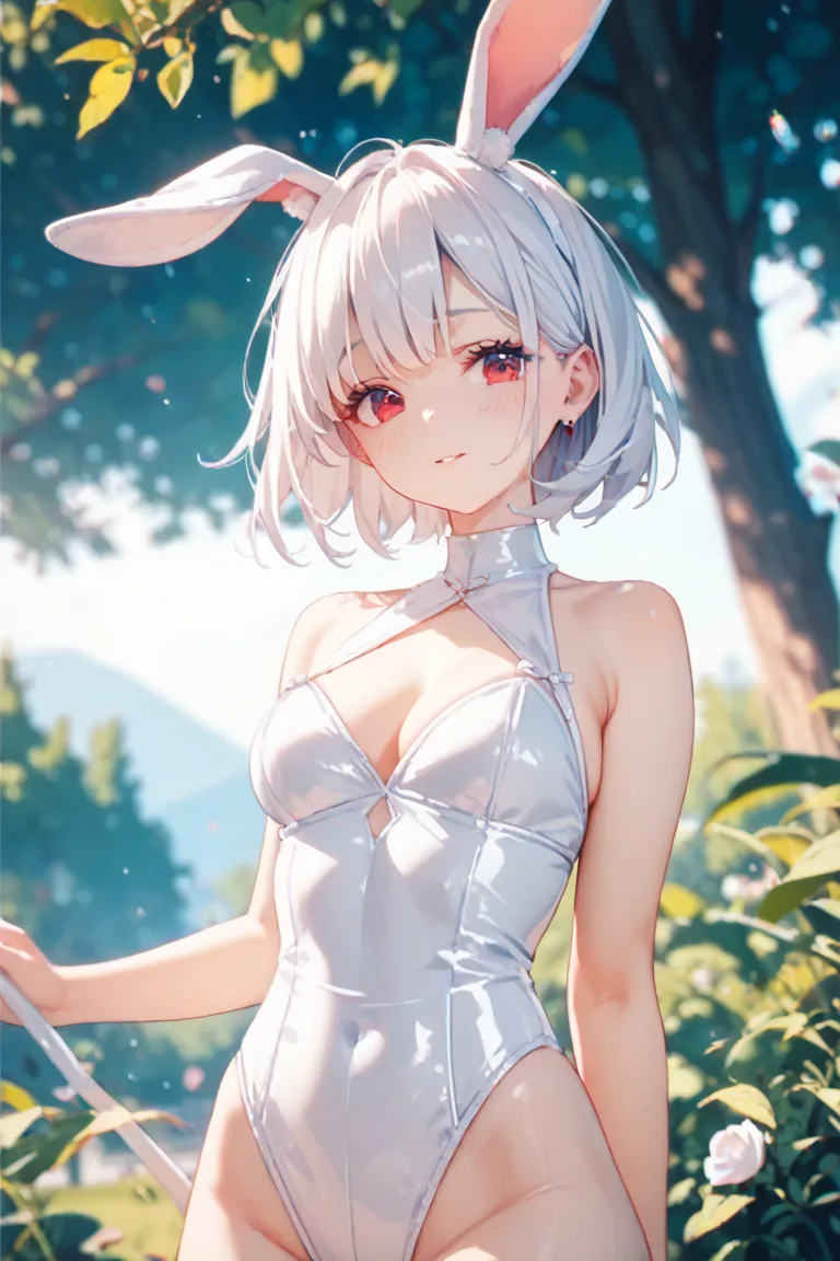 rabbit woman, small rabbit ears, red eyes, innocent aspect, cute shy expression, white short hair, white latex leotard,, beautiful nature outdoor, lonely