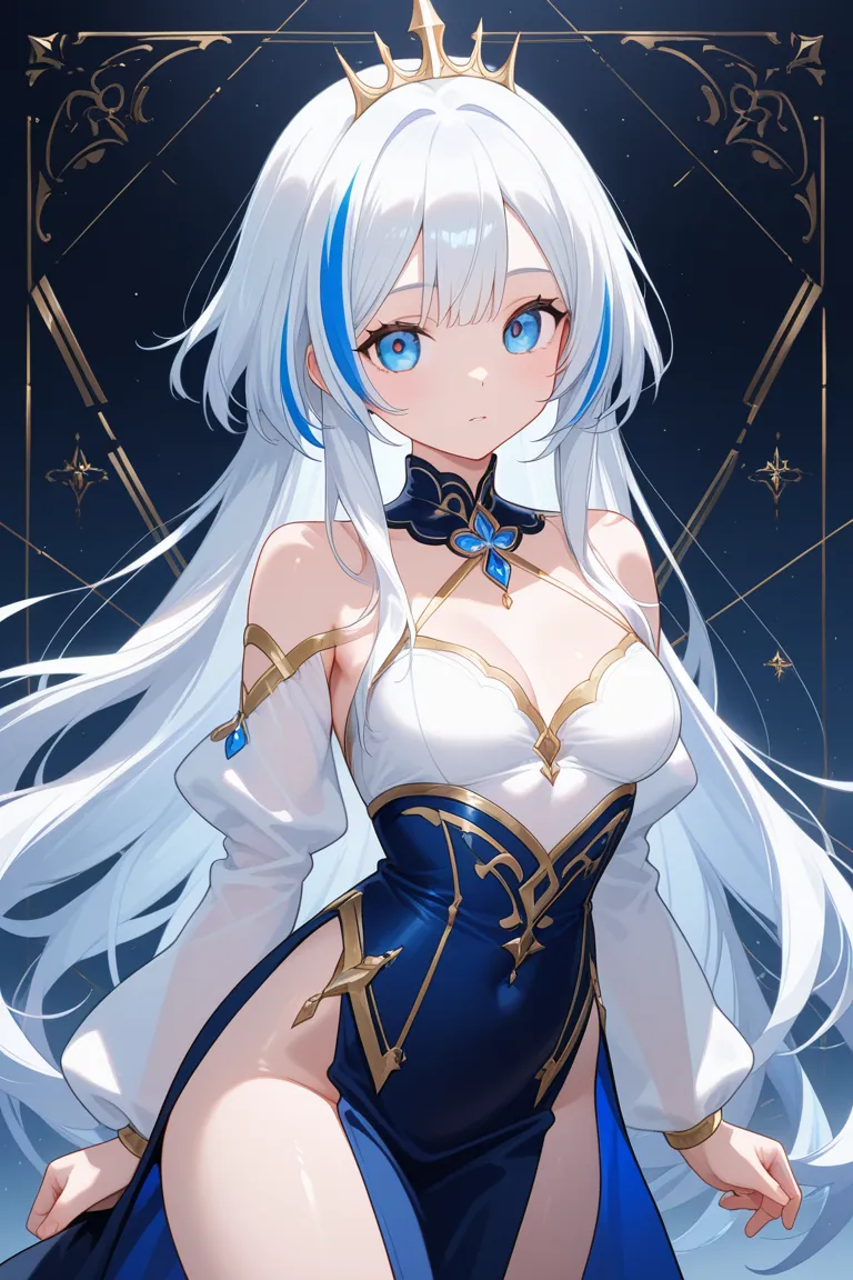 1girl, blue eyes, long white hair with blue streaks, princess