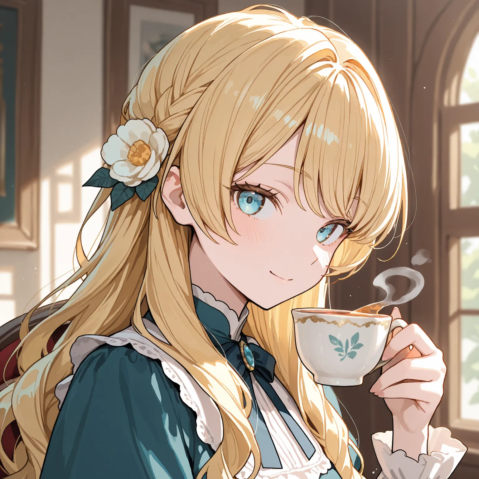 1girl (blonde, long hair, vertical curls) Enjoying drinking tea at tea time