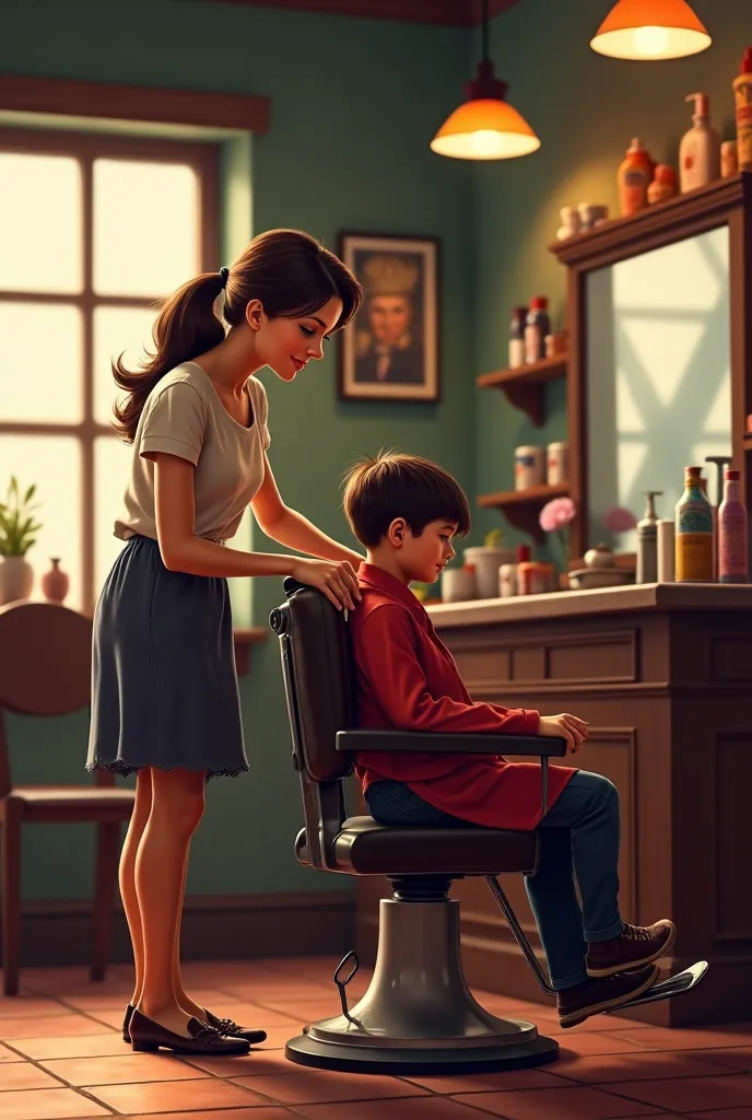 Mother with son at the barbershop 
