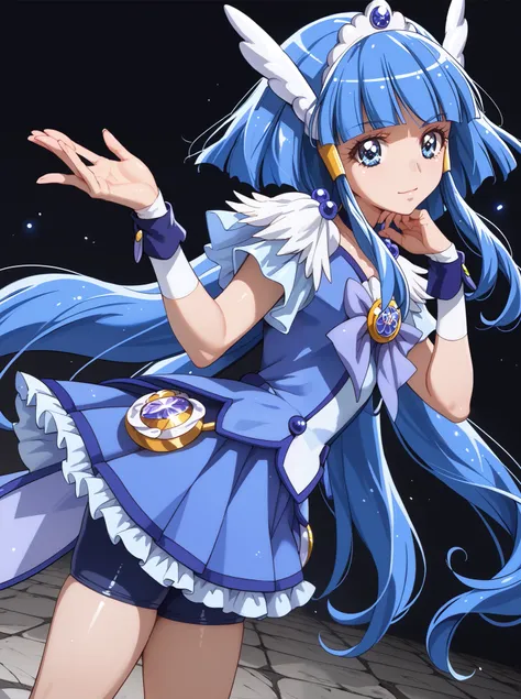 1girl, solo, ((curebeauty)), shiny skin,take a stand,anime coloring,stone floor,black background,dark blue bike shorts