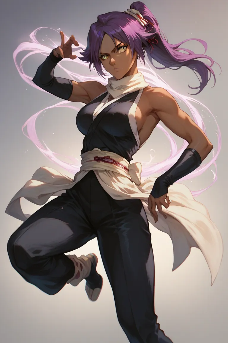 

“Yoruichi Shihouin from Bleach, full-body portrait, dynamic pose mid-Shunpo movement. Features: dark caramel skin, long wavy purple hair glowing fain