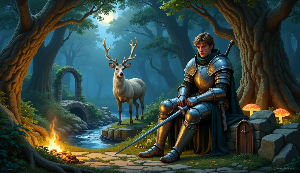 Main Subject:
A medieval knight in weathered, silver plate armor sits on a moss-covered stone bench, his posture relaxed yet dignified. His helmet rests beside him, revealing a tired but peaceful expression, his short brown hair slightly tousled. His gaunt...