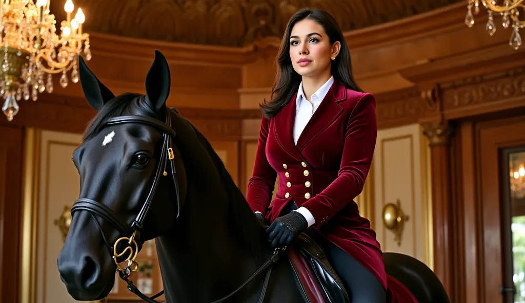 A hyper-realistic cinematic full-body shot of a sophisticated 45-year-old woman with a statuesque figure, dressed in a tailored crimson velvet equestrian coat with gold buttons, paired with tight black jodhpurs and custom-made Saint Laurent knee-high boots...