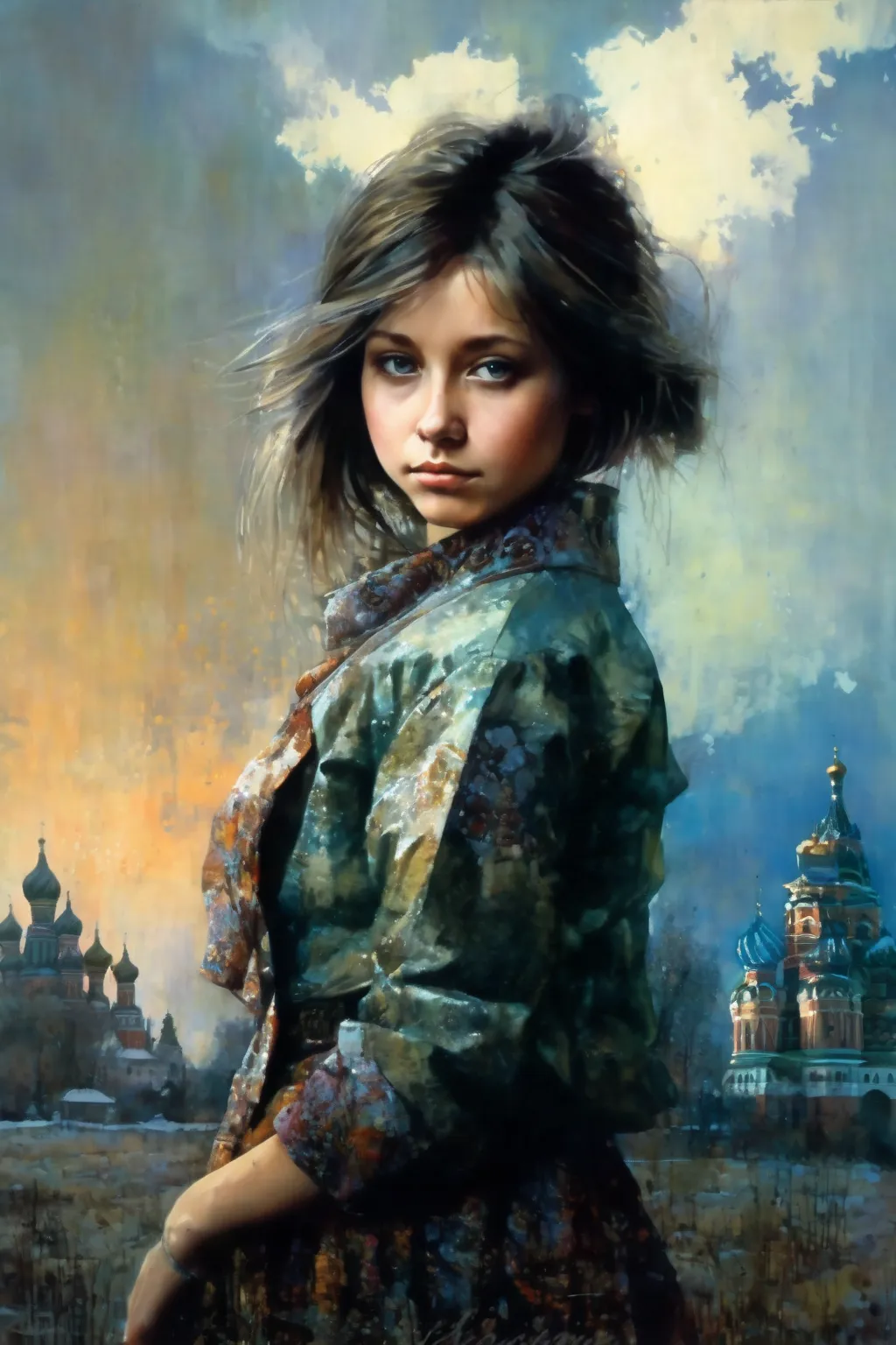 (  frontal portrait  ) young girl.   creative improvisation (Created by John Salminen), (against the background of Alexey Savrasov's Russian landscape)