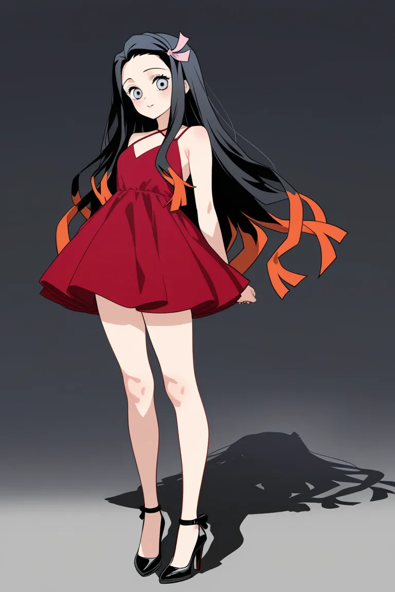 Nezuko from Demon Slayer wearing red dress and black high heels