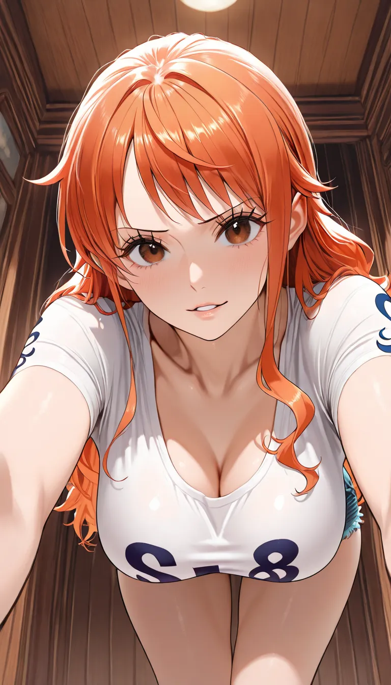 ((Busty Bitches)), score_9, score_8_up, score_7_up, nami (one piece), perfect eyes, perfect face, medium breasts, red hair, brown eyes, long hair, adult, tall, tight waist, wide hips, solo (Sexy Photoshoot), (Masterpiece, Best Quality) 
white t-shirt, tigh...