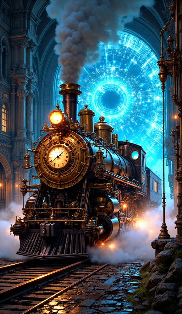 a steam train coming out of a portal. the train has a clock on its front. the portal it comes out from is magical and glows brightly.