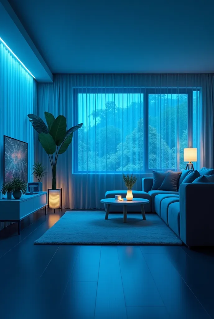 A modern and smart home, illuminated by soft blue light, with technology elements such as holograms, voice assistants and connected devices.  The environment must convey innovation ,  comfort and safety .