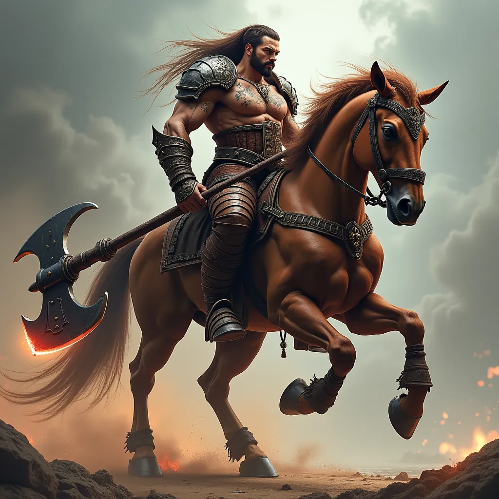 A hyper-realistic, full-body zoom-out portrait of a half-man, half-horse warrior, embodying the unstoppable power and brutal presence of Centaur Warrunner (Dota 2-inspired). His upper body is that of a towering, muscular warlord, while his lower half is a ...