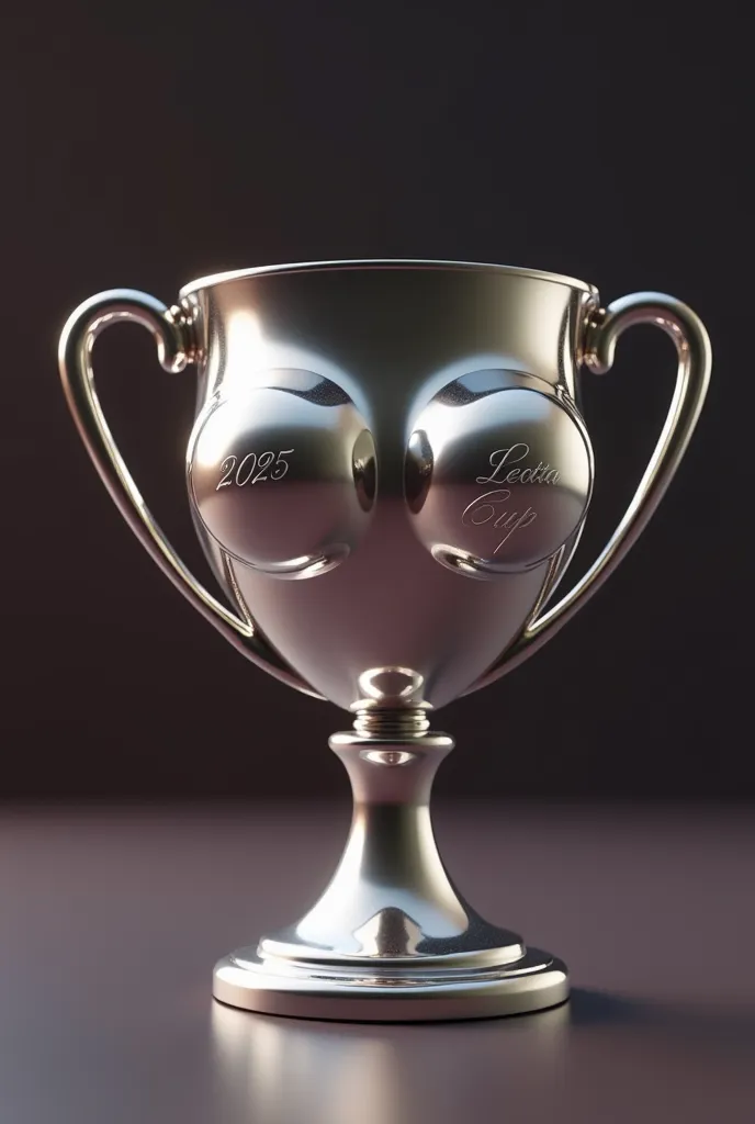 create a silver champion's cup with tits. Put on a soft background with dark colors. On one of the tits write the arched logo" 2025 Leotta Cup