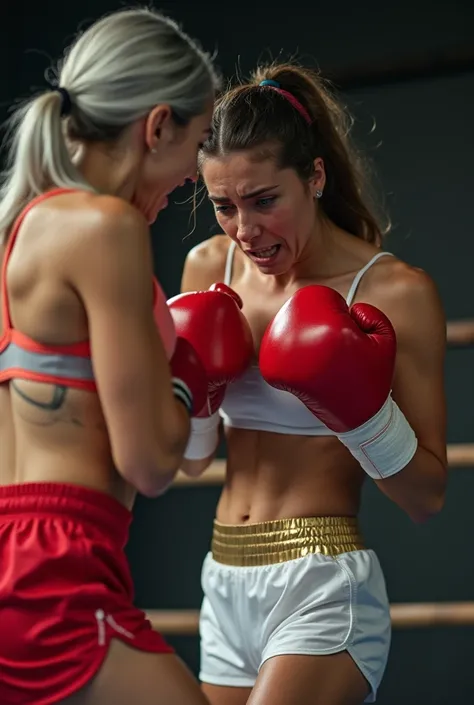 A beautiful brunette woman, eyes closed, grimacing,  wearing white metallic short shorts, gold belt, white socks, red boxing gloves, sweaty, knees bent, head turned to the side, looks exhausted and beaten, being knocked down in a boxing ring by a smaller g...