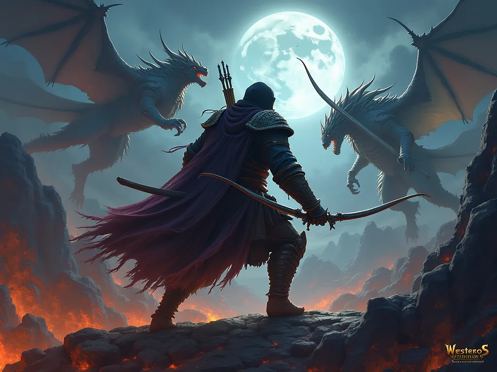 I want an image with the MMORPG game logo with the title "Westeros " and subtitle "Pirate Invasion", in this image use warriors fighting against epic and magical monsters, in this warriors include ninjas, PIRATE, wizards, Archers.
