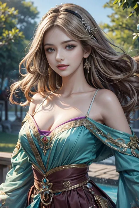 (top quality、masterpiece、high resolution、8k)、Brilliant Color、Young and beautiful woman 1、Perfect Face、perfect style,  beautiful brown eyes, Beautiful pink lips, brownish silver blonde bob hair、colorful blue and orange 3/4 sleeve blouse、purple skirt, smile、...