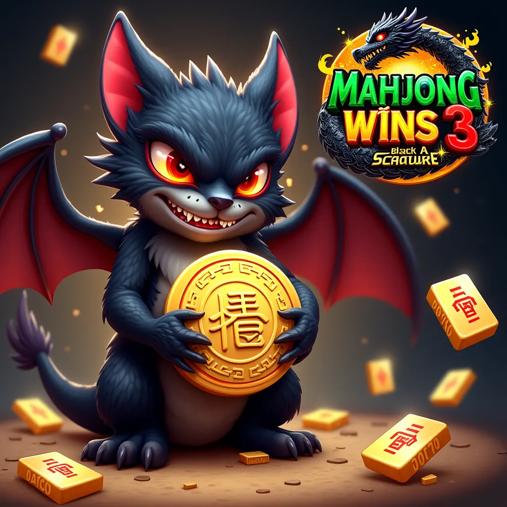 The image above features an illustration of a bat-like dragon with a wolf face with a fierce expression and glowing red eyes. The creature has jet black fur, large wings, and sharp teeth that stick out in a sly smile. It holds a large gold coin with Chines...