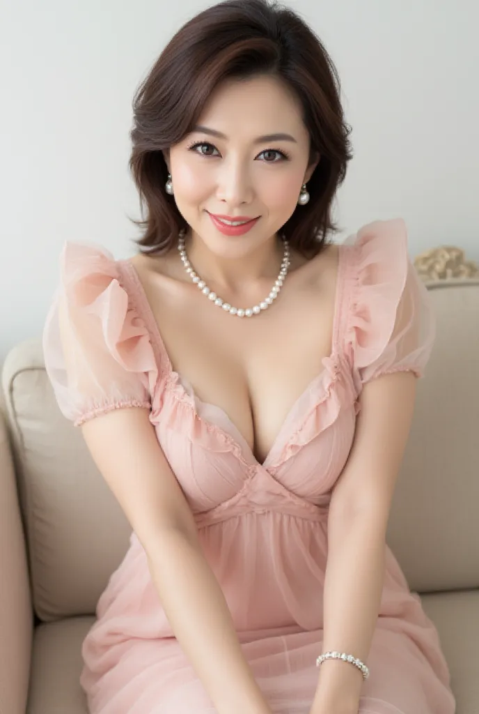 (((Body-fitting pencil skirt、high heels、Sitting in a good posture on the couch)))、( Excited Mature Woman , 48 years old,   Japanese,  masterpiece,  top quality,  high resolution, realistic:1.37,  sharp concentration:1.4,      Unrivaled concert venue    , u...