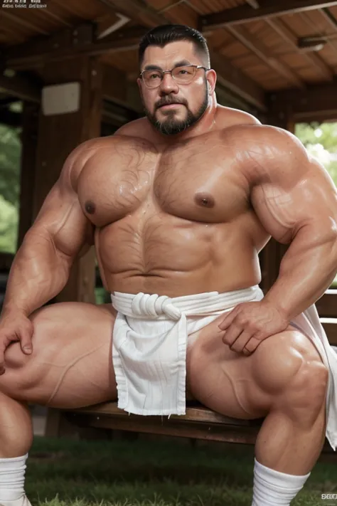 A chubby musclebear Japanese man, (75 years-old daddy muscle bears, 7 daddy:1.1), 1 man, Solo, wearing a white semi sexy fundoshi, (big shoulders), musculature, strong physique, hairy, huge beefy, chubby and stout, stubbles, (Detailed body), realistic eyes...