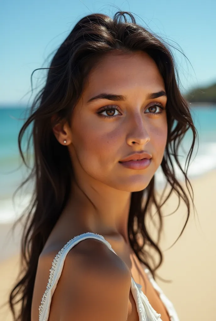 Take a very aesthetic photo of her on the beach, using exactly that face, dark hair color and reference skin tone 