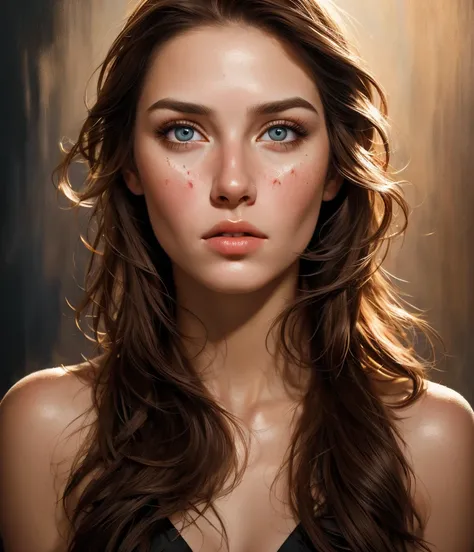 realistic portrait, woman's face, brown hair, soft facial expression,  look straight, intricate facial details,  realistic skin, bare shoulders, abstract background, dramatic lighting, vibrant colors, oil painting effects, high resolution, detailed paintin...