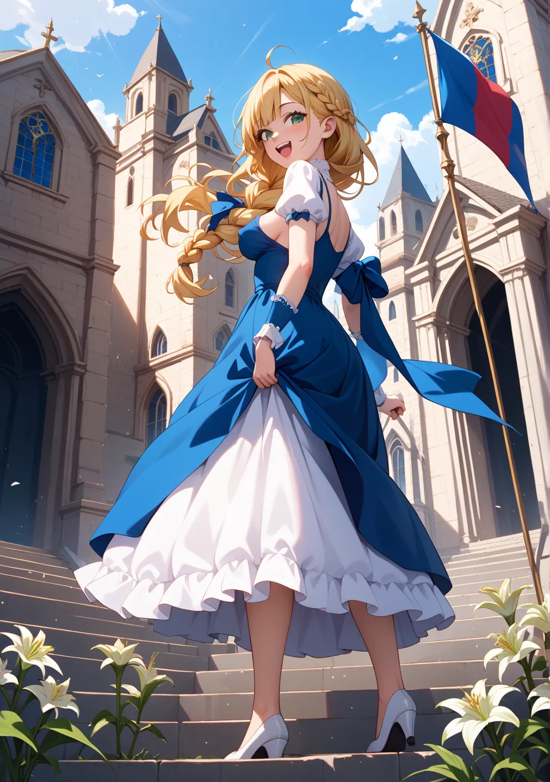 nsfw,girl,glamorous,straight hair,long hair,{{{ash blond hair}}},dark green eyes,{{{One breast is coming out,One nipple is coming out}}},full body,single braid,flag,blue flag,church,outdoor,At the end of the stairs,low angle, Raising the Flag,blue dress,wh...