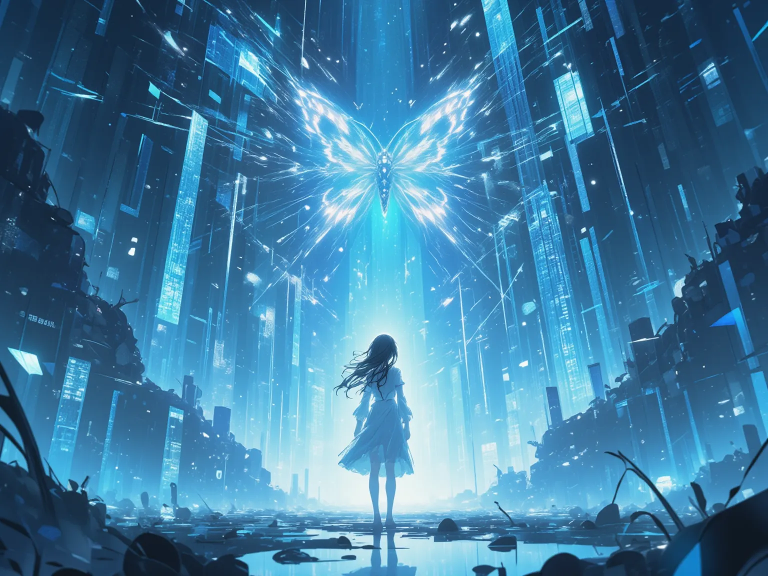 Vast digital space、white hologram butterfly and black hair girl、they are talking,(blue random characters and symbols)、 ULTRA WIDE SHOT 、（masterpiece、best quality:1.2)