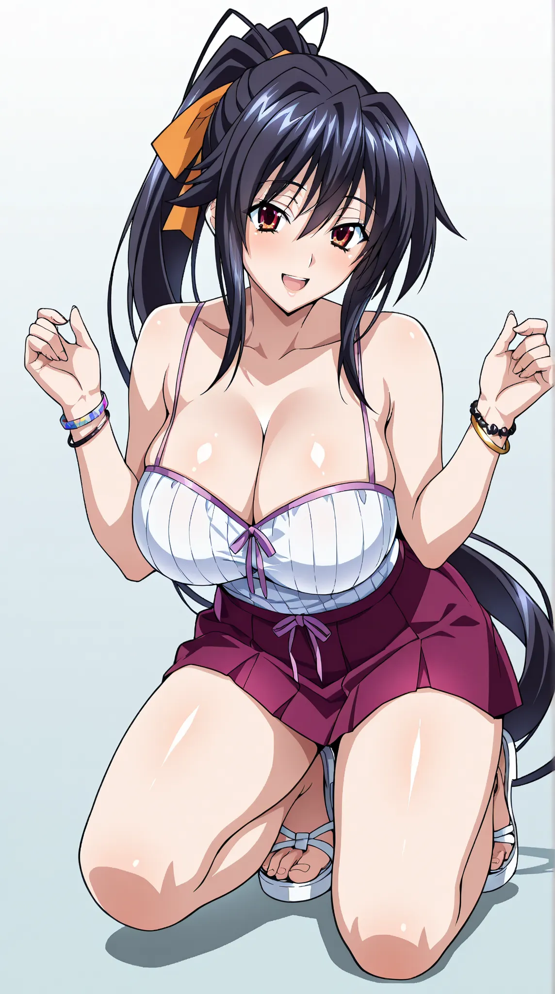   (masterpiece, beautiful eyes, the best quality,incredible quality),(  official style), simple background , Akeno Himejima, high school dxd,eyes color fiusha , white top skirt,neckline,purple short skirt, white sandals, bracelets on the hands ,big breasts...