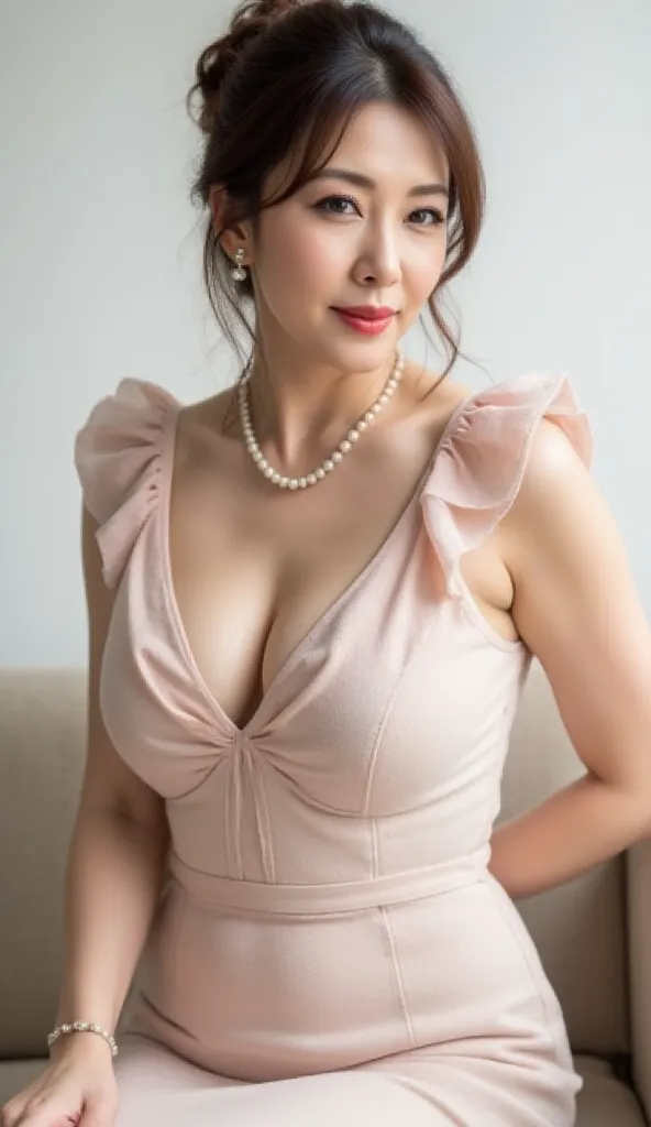 (((Body-fitting pencil skirt、high heels、 black hair up 、Sitting in a good posture on the couch:1.３)))、( Excited Mature Woman , 48 years old,   Japanese,  masterpiece,  top quality,  high resolution, realistic:1.37,  sharp concentration:1.4,      Unrivaled ...