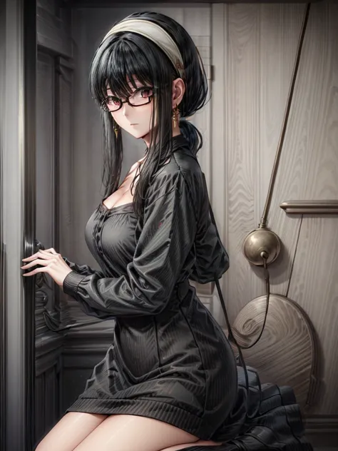 (masterpiece, best quality:1.2), detailed face, detailed eyes, sexy elegant woman, long hair, high heeled, shiny skin, welcomes you at the door, little black dress, random collar, ponytail hair, cool attitude, cool glasses, exciting, cool, (perfect hands:1...