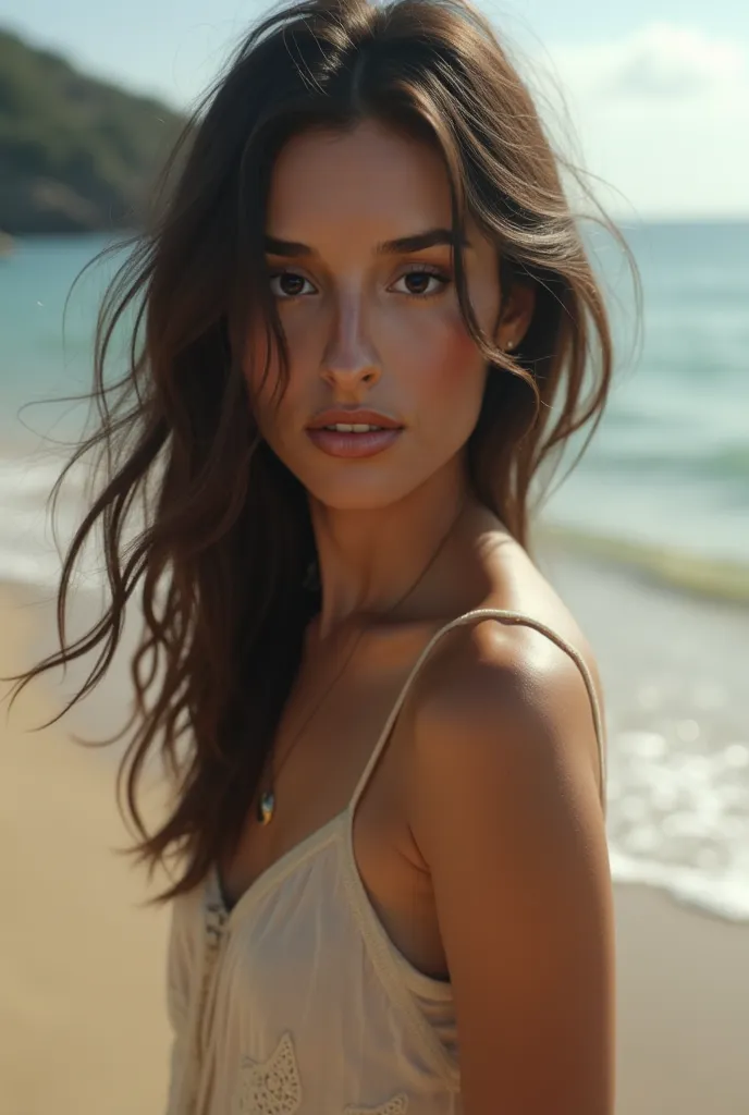 Take a photo a little away from her on the beach very aesthetic, using exactly that face, dark hair color and reference skin tone 