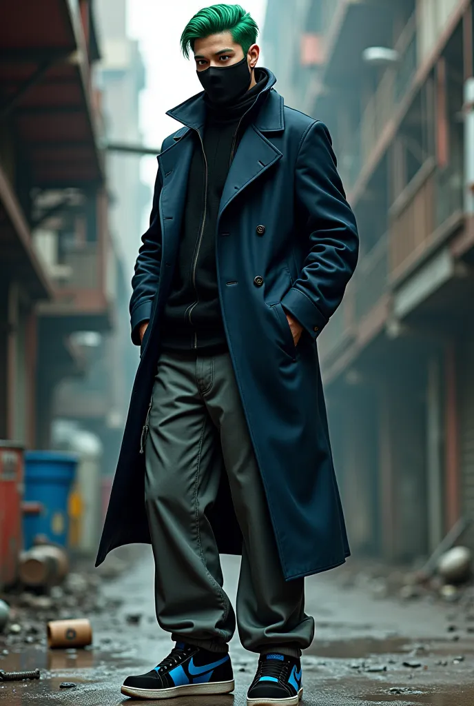 Male character with cropped green hair, black mask, dark blue coat, wide gray pants and black and blue sneakers 