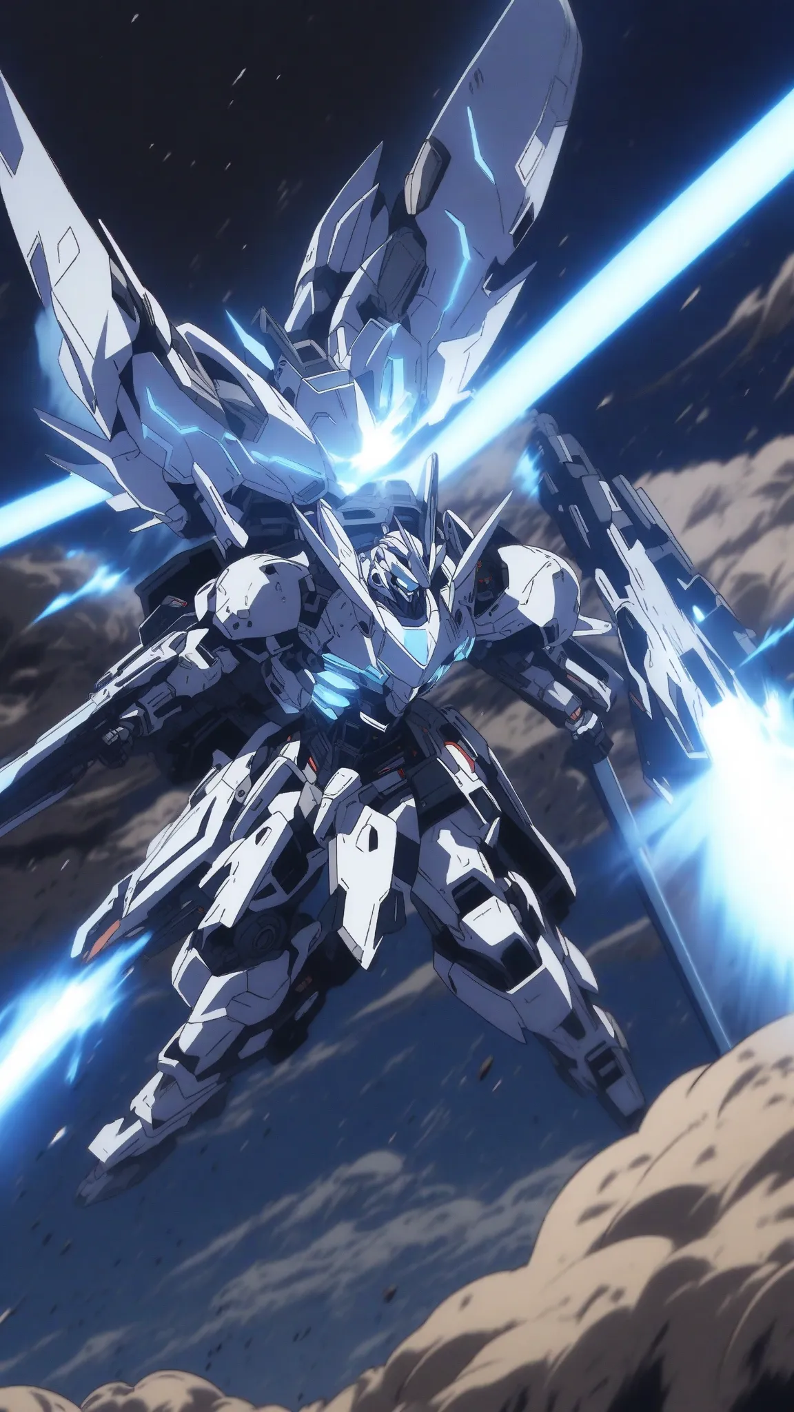 Giant Mechanic Warrior ， Strong body  ， Blue and White Sci-Fi Armor Appearance ，armed with energy weapon， opens the field with a floating cannon on the back，Flying in Space ，Hi-tech style  ，metallic luster，mechanical joint， Heavy combat atmosphere，anime st...