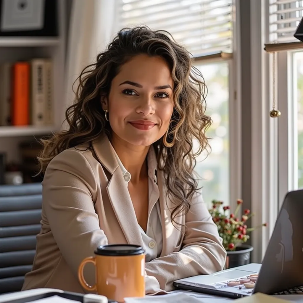 "A young business professional with Brazilian brown skin and shoulder-length curly hair wears a stylish neutral-colored blouse. She is sitting in a modern office, looking at the camera in front of a computer. The desk is covered with papers, pens, and a fe...