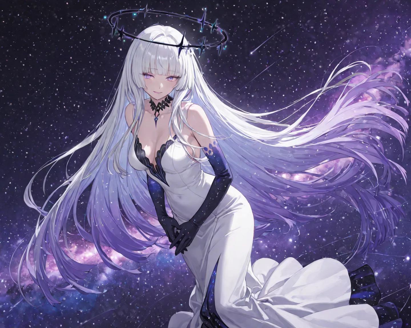 1 woman, adult woman, mature female, mature face, super long floor length straight white hair with bangs and with the ends dyed in a galaxy color (hime cut), wears a short white dress in the front and long in the back with galaxy colored details, a black h...