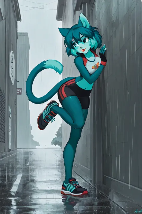 1 sexy anime cat girl, teal colored fur, red lips, smiling, auqua colored thigh high stockings, turquoise colored elbow length fingerless gloves, cyan and blue running shoes, hiding from the rain, rainy background with sun poking through, best quality, ver...