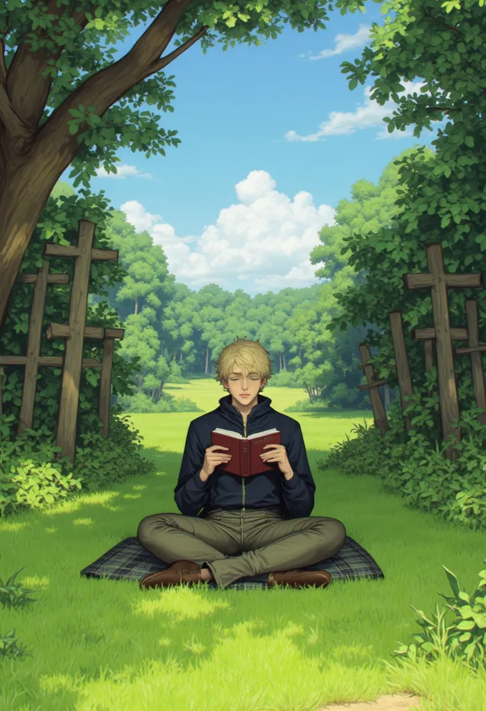 Alfredo from romeo no aoi sora . Read a book in the nature .Solo, Blonde Hair, Blue eyes, Smile, High Resolution, High Details, HD, 