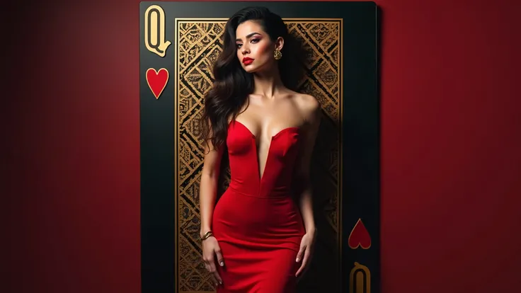Sexy woman dressed in hot red dress, standing posing, for background is poker card qeen of heart, card backgraund color black hearts gold