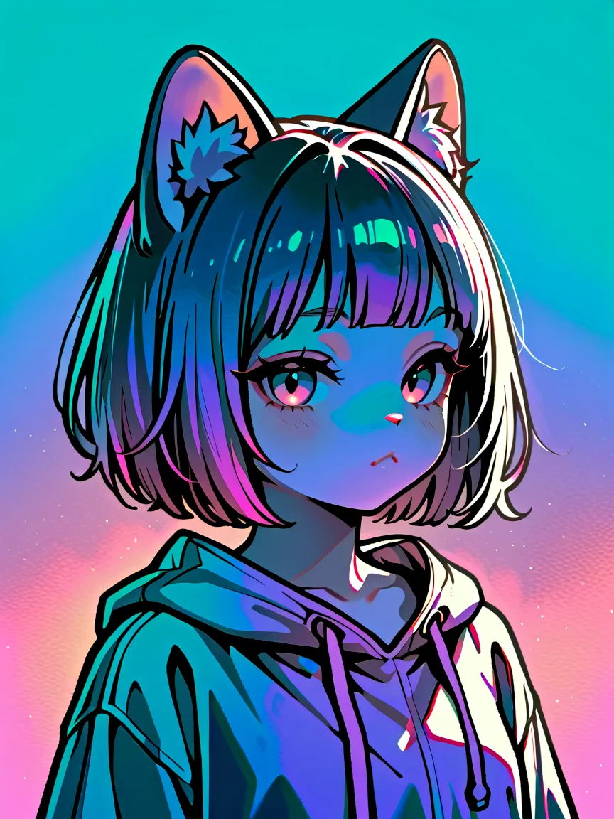 random cute korean catgirl, cat ears, pastel color palette, no background, pastel background, colorful background, 
