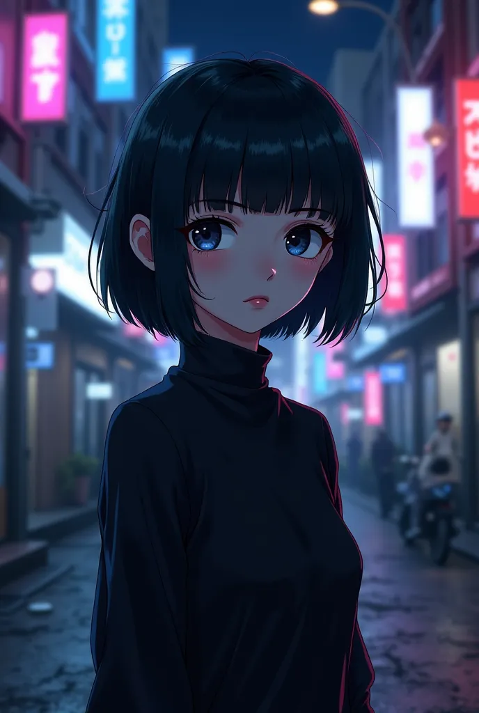 Style anime. Ado fille. Cheuveux noir coupe au bol. Pâle. Yeux noir. Vêtements style tokyo ghoul. Fond une ville de nuit