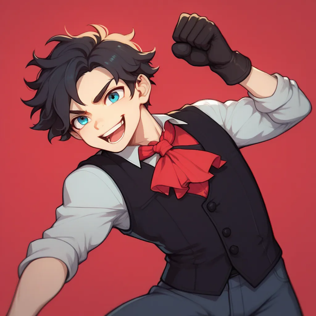 Man with short hair, wavy black hair with tips and fringes on the sides showing his forehead, sky blue eyes, wearing a long red shirt with a black tie,  and wearing a black vest over , black gloves, posing to fight, fighting pose, laughing angrily,  Red ba...